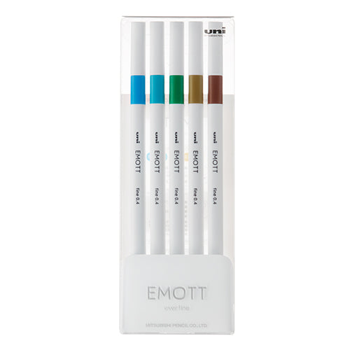 Uni Emott 5-Color 0.4mm Marker Set (Dark Yellow / Brown / Sky Blue / Turquoise / Pine Green)