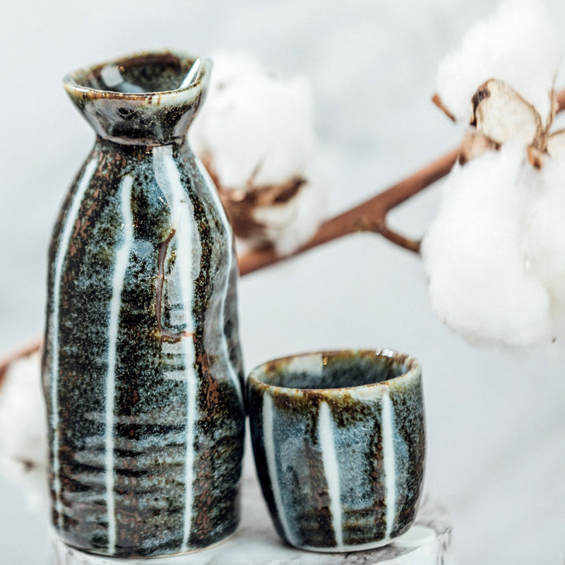 Nezumi Shino Tokusa Ten Grass Porcelain Sake Bottle